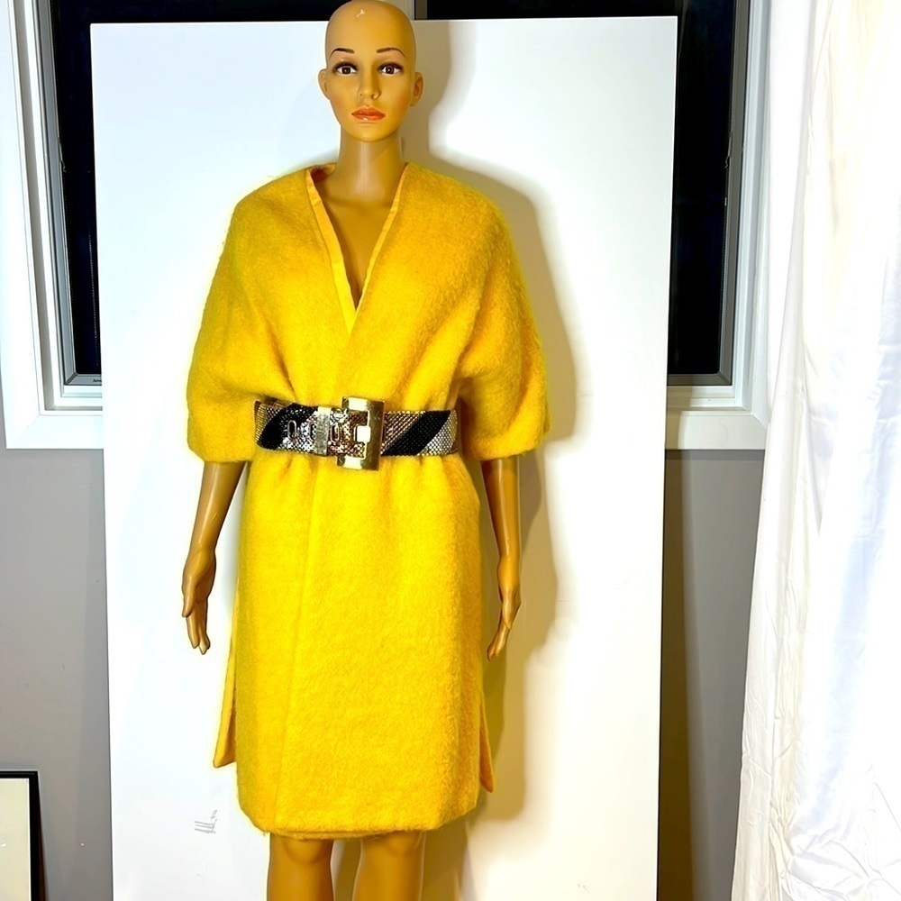Emily Weatherby Yellow Mohair Open Coat with Muti-Gold Metal Mesh Wide Belt